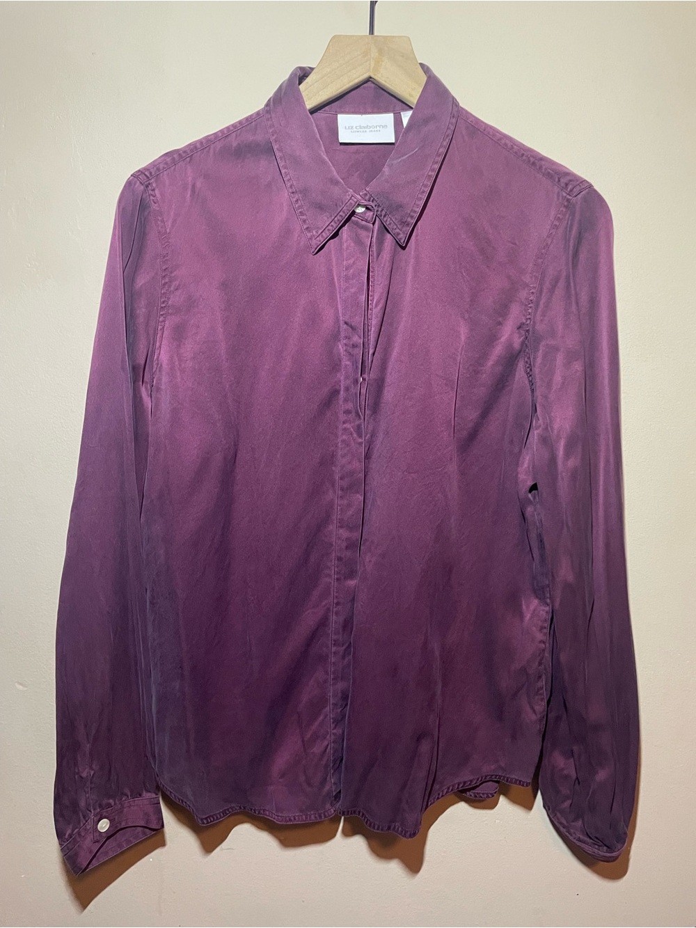 100% Silk Purple Liz Clairborne Button Down Blouse Collared Shirt Size Large
